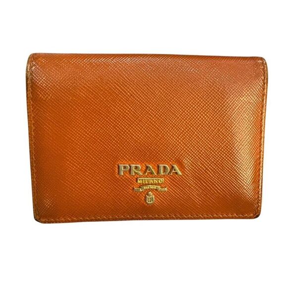 Prada Orange Saffiano Leather Card Holder Case Fold Over Style Mini Card Wallet - Picture 1 of 8